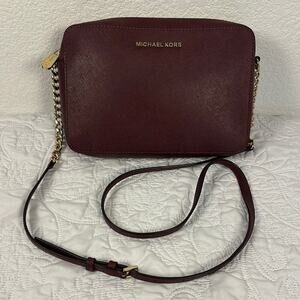 Michael Kors Burgundy Saffiano Leather Zip Crossbody Bag Gold Hardware MK